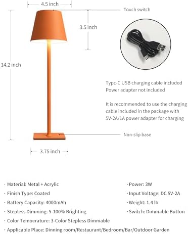 KDG 2 Pack Cordless Orange Table Lamps, Rechargeable Portable LED Desk Lamp - Image 5