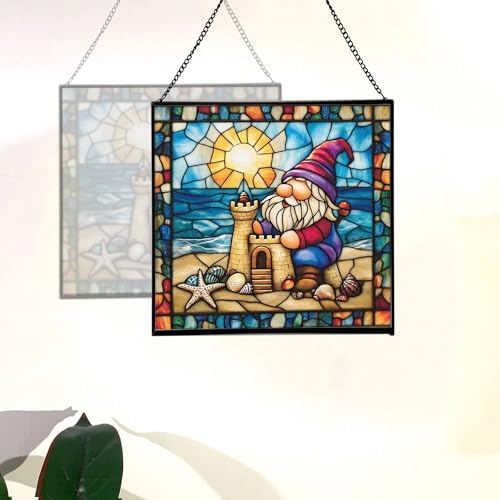 Beach Day Gnome Stained Glass Suncatcher – Square Hanging Window Panel for Home or Greenhouse – Whimsical Glass Art Gift for Garden Lovers, Christmas, Halloween, Father Days 0y3Ubp - Image 4