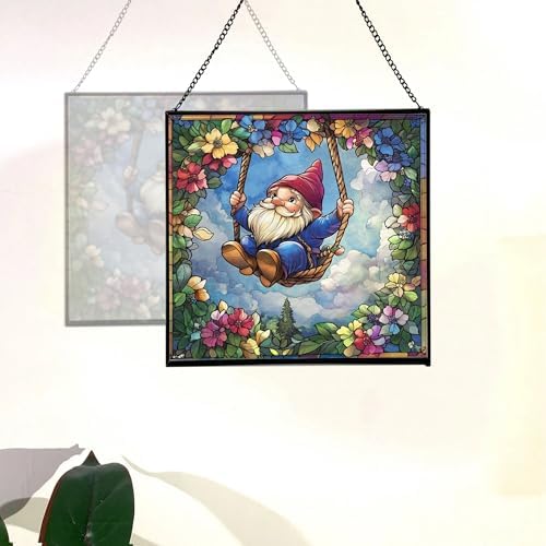 Wreath Swing Gnome Stained Glass Suncatcher – Square Hanging Window Panel for Home or Greenhouse – Whimsical Glass Art Gift for Garden Lovers, Christmas, Halloween, Father Days u0rdBM - Image 4