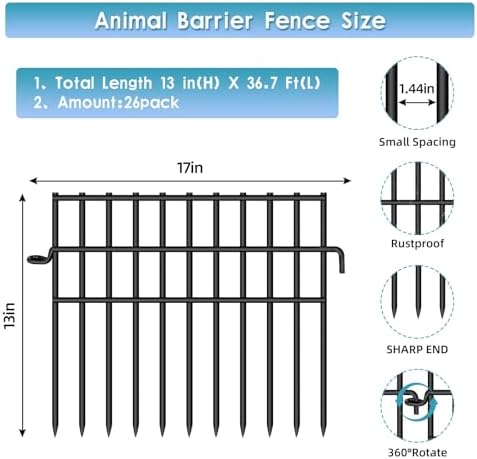 37ft (L) X 13in (H) Garden Animal Barrier Fence, 26 Pack No Dig Dog Fence Border, 1.44in Gap Decorative Fences, Rustproof Metal Wire Garden Border Fence for Dog, Rabbits Ground Stakes - Image 2