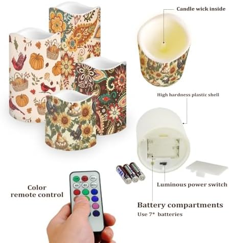 Pumpkin and Floral Flickering Flameless Candles with Remote and Timer Set of 4 Color Changing Battery Operated Candles Home Thanksgiving Day Decoration - Image 3