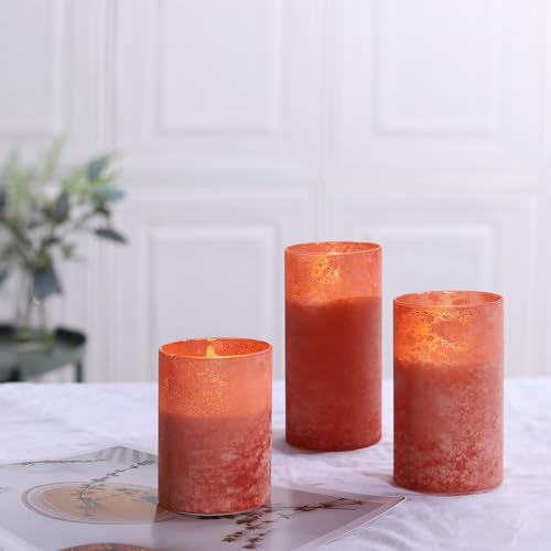 Flameless Candles Set of 3 Orange Glass LED Pillar Candle with Remote Timer - Image 6