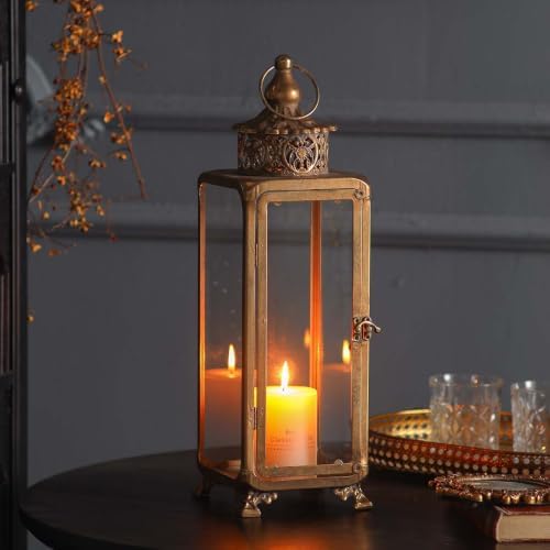 Antique Gold Iron and Glass Candle Lantern, 19.29 in - Image 5