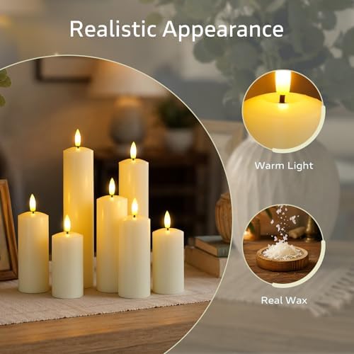 Pack of 9 Real Wax Pillars Flameless Candles with Remote, 400H Battery Operated Flickering LED 3D-Wick Warm Lights, 2/4/6/8H Timer for Home Decor(2" x 4" 4" 5" 5" 6" 6" 7" 8" 9" Ivory) - Image 2