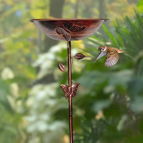 Bird Bath Bowl Outdoor Birdbath Birdfeeder Iron Decor Metal Stake Patio Stand Spa Decoration Vintage Copper Iron Build for Long, Red Bronze Butterfly - Image 4