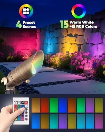 Color Changing Brass Landscape Light, 12V Low Voltage Mini Spotlight, 16-Color RGB+Warm White 3W MR11 LED Bulb with Remote Control, Weatherproof for Outdoor Garden Yard Lighting - Image 2