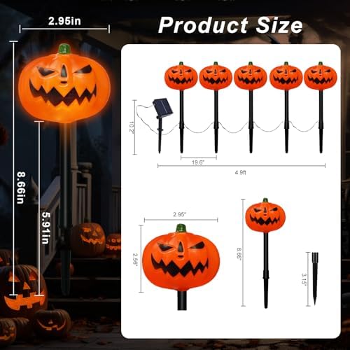BRIGHTDECK Halloween Solar Pathway Lights Outdoor, LED Decor, Light Up Solar Stake Lights for Holiday, Halloween, Walkway, Sidewalk (Flat Pumpkin, 10-Pack) - Image 2