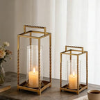 13" Modern Metal Lantern with Twisted Rope-style Frame In Antique Brass with Glass Hurricane For Pillars, String Light. Centerpiece, Mantel, Ambient Lighting, Farmhouse, Transitional, Patios, Entryway - Image 5