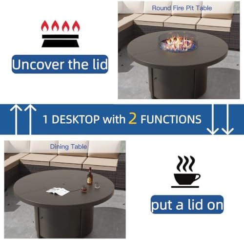 48" Round Propane Fire Pit Table with Lid, 40,000 BTU Outdoor Gas Fire Pits CSA Certified for Outside Steel Tabletop Fire Pit with Blue Glass Rock&Windshield Glass for for Patio, Balcony,Garden - Image 5