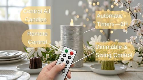 Shiny Metallic Silver Flameless Pillar Candles, Patented 3D Realistic Moving Flickering Flame with Remote Timer, Battery Operated 400hrs for Wedding, Holiday, Party, Decor, Gift(Set of 3) - Image 6