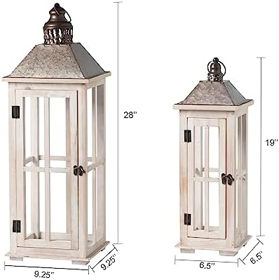 TIMRIS Large Rustic Wooden Decorative Lantern Set of 2, Modern Farmhouse Distressed Whitewash Floor Candle Lanterns, Indoor/Outdoor Hanging Lanterns for Home Decor (No Glass) - Image 6