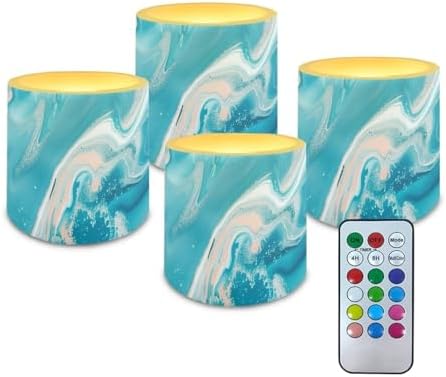 Blue Marble Flickering Flameless Candles with Remote Battery Operated Candles with Color Changing Timer Control 4Pcs LED Pillar Tea Lights for Wedding Banquet Home Decorations by Merkmak