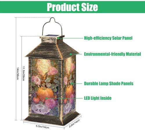 Solar Lantern Rustic Stained Glass Pumpkin Fall Butterfly Pumpkins Wildflower Outdoor Garden Hanging Lantern Waterproof Solar Powered Lighting Outside Table Lamp for Deck Yard Camping Patio Decor - Image 2
