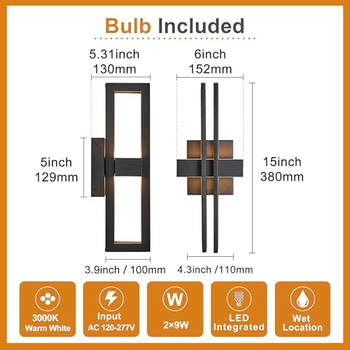 Outside Light 2 Pack, 15Inch Small Black Outdoor Wall Sconce Waterproof Exterior Light Fixture, Modern Wall Mount, Decorative LED Lighting for Patio Garage Yard Backyard Apartment Balcony - Image 5