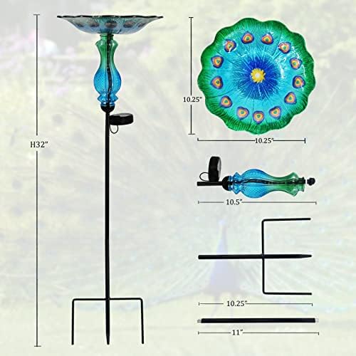 John's Studio Peacock Bird Bath for Outdoor - Glass Bowl Solar Light Cage Outside Dish Bird Feeder with Metal Stake for Garden, Yard and Patio - 32 inches - Image 2