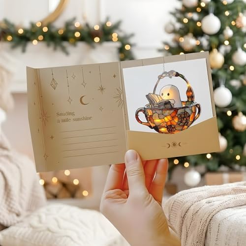 Reading Ghost Teacup Acrylic Suncatcher Size 8 inches, Bookish Stained Glass Effect Window Hanging Ornament, Garden Decor, Gift for Book Lover Reader Bookworm - Image 4
