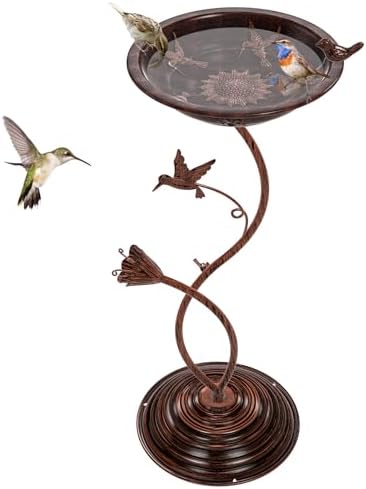 Bird Bath Garden for Outside, Vintage Metal Birdbaths Bowl with Roman Pedestal for Outdoors, Standing Bird Bath Bowl Birdfeeder for Yard Lawn Decor (Vintage Copper - Hummingbird) by Gouisalin