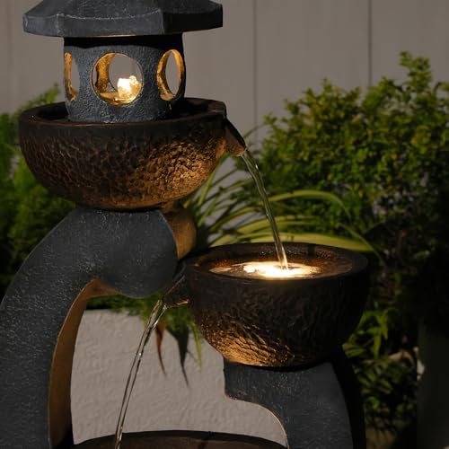 Tankana 35.5" H Water Fountain Outdoor Garden 3-Tier Cascading Bowl Japanese Fountain Waterfall with LED Light Japanese Garden Style for Patio Yard Balcony Zen Home Decor, Bronze Finish - Image 5