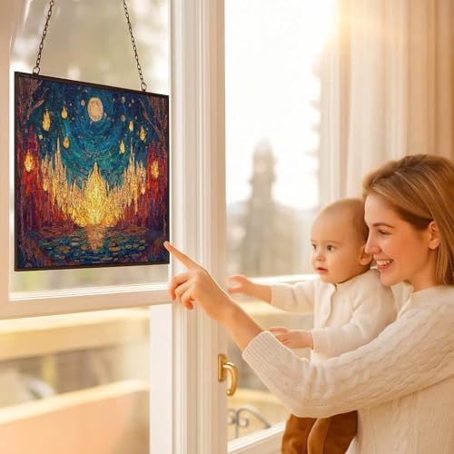 Personalized Rectangle Mosaic Ghost Flame Meadow Stained Glass Window Hanging, Stained Glass Window Decor Suncatcher for Women, Home Décor - Image 5