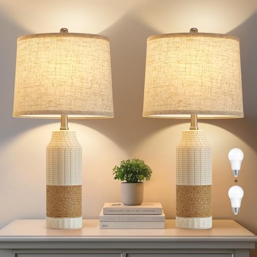 GyroVu Rattan Table Lamps Set of 2, Bedside Lamps for Bedroom Nightstand by WelcomeGyroVu
