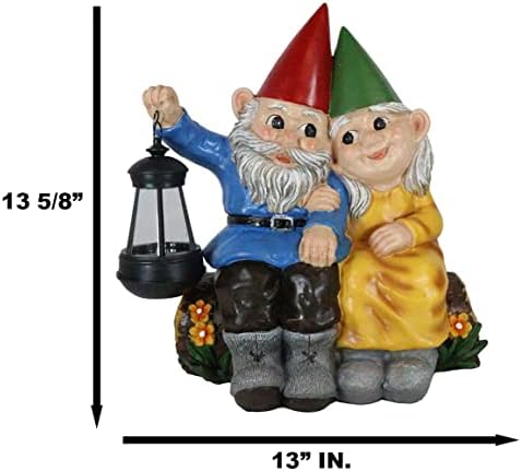 Ebros Large Grow Old with Me Mr and Mrs Gnome On Tree Log Holding Out Solar LED Lantern Light Statue 13.5" Tall for Patio Garden Lawn Home Decor Whimsical Gnomes Figurine - Image 3