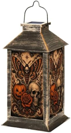 Solar Hanging Lantern Moth Skull Pumpkin Rose Gothic Orange Black Vintage Tattoo Style Waterproof LED Lights Decor Patio Yard Lawn Porch Lamp, Birthday Gift for Mom Women Garden Outdoor Decor by Unknown