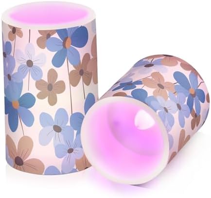 Blue Brown Retro Flowers Flameless Outdoor Battery Operated Candles Electronic Lights Waterproof Remote Control for Votive Battery Powered 2-Piecing Set - Image 2