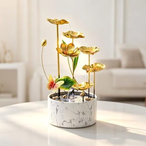 16 Inch Gold LED Metal Tabletop Water Fountain, Indoor Relaxing Waterfall Feature for Desk, Living Room, Office Decor by QINGYINGGE