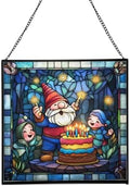 Gnome with Birthday Cake Stained Glass Suncatcher – Square Hanging Window Panel for Home, Garden, Nursery, Halloween, Christmas, Memorial Day – Whimsical Glass Art Gift for Gnome Lovers cw39up by Custom