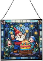 Gnome with Birthday Cake Stained Glass Suncatcher – Square Hanging Window Panel for Home, Garden, Nursery, Halloween, Christmas, Memorial Day – Whimsical Glass Art Gift for Gnome Lovers cw39up by Custom