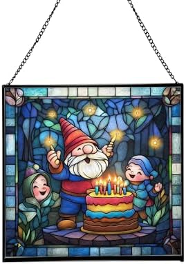 Gnome with Birthday Cake Stained Glass Suncatcher – Square Hanging Window Panel for Home, Garden, Nursery, Halloween, Christmas, Memorial Day – Whimsical Glass Art Gift for Gnome Lovers cw39up by Custom