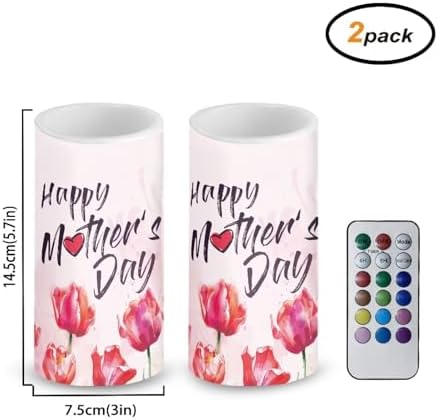 Happy Mother's Day Decor Flameless Candles Set of 2 Battery Operated with Timer Remote Control LED Pillar Candles Pink Tulips Flower Gifts for Mom - Image 2