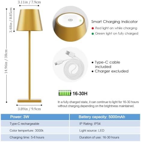 Cordless Table Lamp 5000mAh LED Rechargeable Lamp Gold, 2-Pack - Image 6