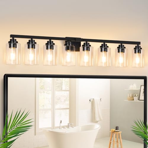 8-Light Bathroom Light Fixtures, 51" Modern Vanity Lights Over Mirror with Clear Glass Shades, Matte Black Light Fixture, Classic Wall Light Fixture for Mirror Living Room Cabinet Bedroom Porch by WelcometoVerRon