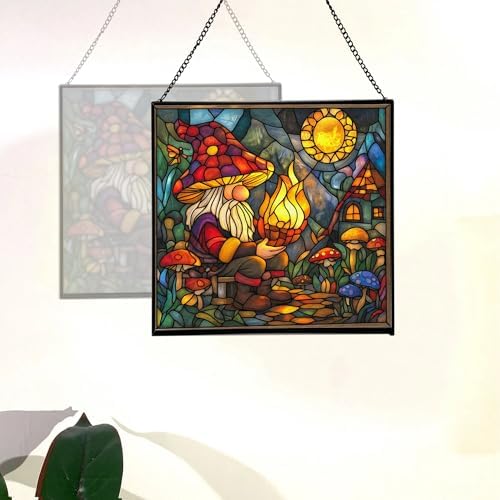 Gnome with Shadow Puppets Stained Glass Suncatcher – Square Hanging Window Panel for Home, Garden, Nursery, Halloween, Christmas, Memorial Day – Whimsical Glass Art Gift for Gnome Lovers cnc2mb - Image 4