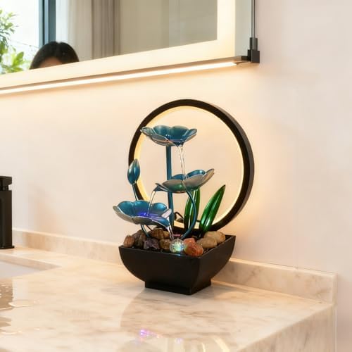 AOZITA Tabletop Fountain, Indoor Waterfall Fountain, Small Home Décor Zen Relaxation Soothing Sound Machine for Office, Living Room, or Bedroom,Blue Metal Lotus with Bud, River Rocks,Round LED - Image 4
