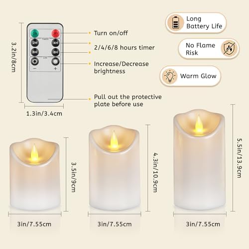 Artmarry Flameless Candles Outdoor Indoor Pillars Battery Operated Flickering Candles Include 10-Key Remote Timer 400+ Hours by 2 AA Batteries (White Candle - Warm Light, 3" D x 4"|5"|6" H - 24 Pack) - Image 4