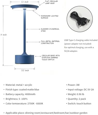 PUSU Rechargeable Table Lamps Set of 2, Blue Cordless Portable Desk Lamp - Image 5