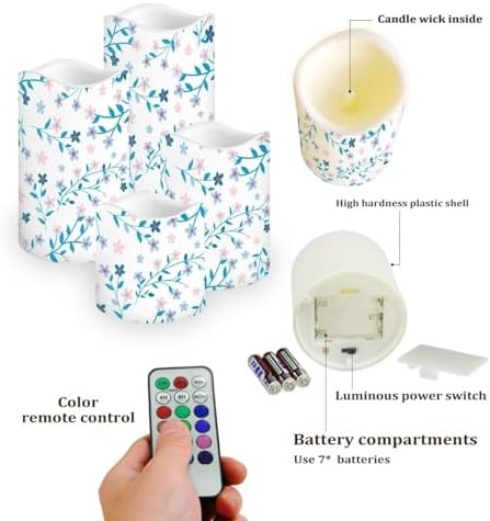 Blue Pink Floral Flameless Light Candles with Remote Timer Battery Operated Candles Color Changing Fake Pillar Candles Tea Lights Home Indoor Desktop Decorations Electric Led Candles - Image 3