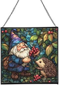 Gnome and Hedgehog Friends Stained Glass Suncatcher – Square Hanging Window Panel for Home or Greenhouse – Whimsical Glass Art Gift for Garden Lovers, Christmas, Halloween, Father Days G365BU by Custom