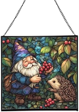 Gnome and Hedgehog Friends Stained Glass Suncatcher – Square Hanging Window Panel for Home or Greenhouse – Whimsical Glass Art Gift for Garden Lovers, Christmas, Halloween, Father Days G365BU by Custom