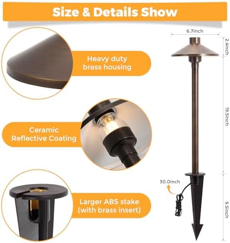 Gardencoin Solid Brass Low Voltage Landscape Pathway Lights (6.7'' Shade, 21.9'' Tall), 12V AC/DC Heavy Duty LED Path Lights Outdoor Wired, Antique Bronze Walkway Lights Without G4 Bulb, 6 Pack - Image 4