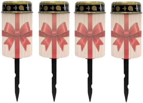 Poceacles Holiday Cemetery Candle Grave Lights Outdoor Waterproof Decoration Pathway Lights Garden Solar Candle for Christmas Holiday Party Decor, Red Bow Stripes, 4 Pack by Poceacles