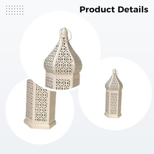 Hollow Metal Lantern, White Iron, Moroccan Vintage, Led, Tower Design Tall, Outdoor/Indoor, Patio, Garden, Hotel, Home, Hanging & Standing - Image 2