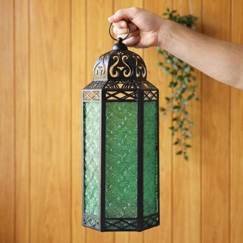 Vela Lanterns Decorative Indoor Candle Holder Table Centerpieces - Moroccan Hanging Outdoor Patio & Porch Home Decor, Turkish Floor Lamp for Wedding, Ramadan (Extra Large 16", Green Glass) - Image 3