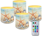 4 Pcs Coastal Flameless Candles Bulk with Remote Battery Operated Pillar Candles with Timer Painting Starfish Shell LED Tea Lights for Beach Theme Home Bathroom Bedroom Decorations by Merkmak