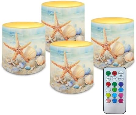 4 Pcs Coastal Flameless Candles Bulk with Remote Battery Operated Pillar Candles with Timer Painting Starfish Shell LED Tea Lights for Beach Theme Home Bathroom Bedroom Decorations by Merkmak