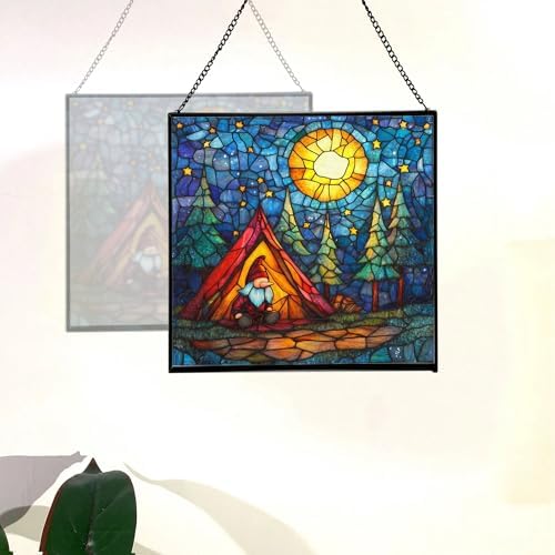 Night Camp Gnome Stained Glass Suncatcher – Square Hanging Window Panel for Home or Greenhouse – Whimsical Glass Art Gift for Garden Lovers, Christmas, Halloween, Father Days YYXOkZ - Image 4