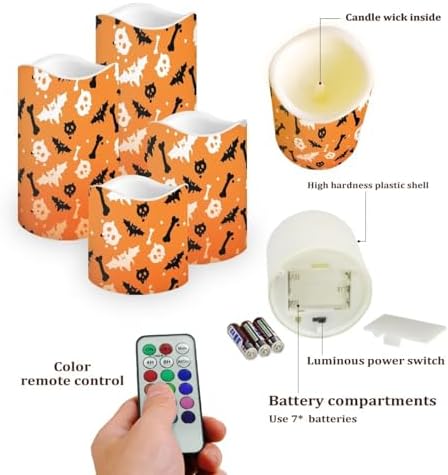 Flameless Candles Battery Operated Candles with Remote Control and Timers Color Changing Halloween Party Decor Accessories Flickering LED Pillar Candles Set of 4 Halloween Bat - Image 3