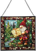 Gnome with Treasure map Stained Glass Suncatcher – Square Hanging Window Panel for Home, Garden, Nursery, Halloween, Christmas, Memorial Day – Whimsical Glass Art Gift for Gnome Lovers lfqkjl by Custom